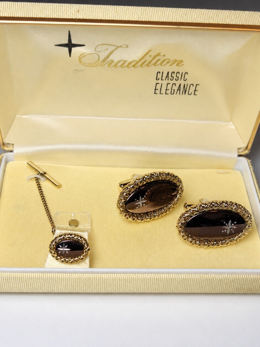 Vintage Tradition Classic Elegance Cufflinks Tie Tack Set Gold Tone Smoky Brown
